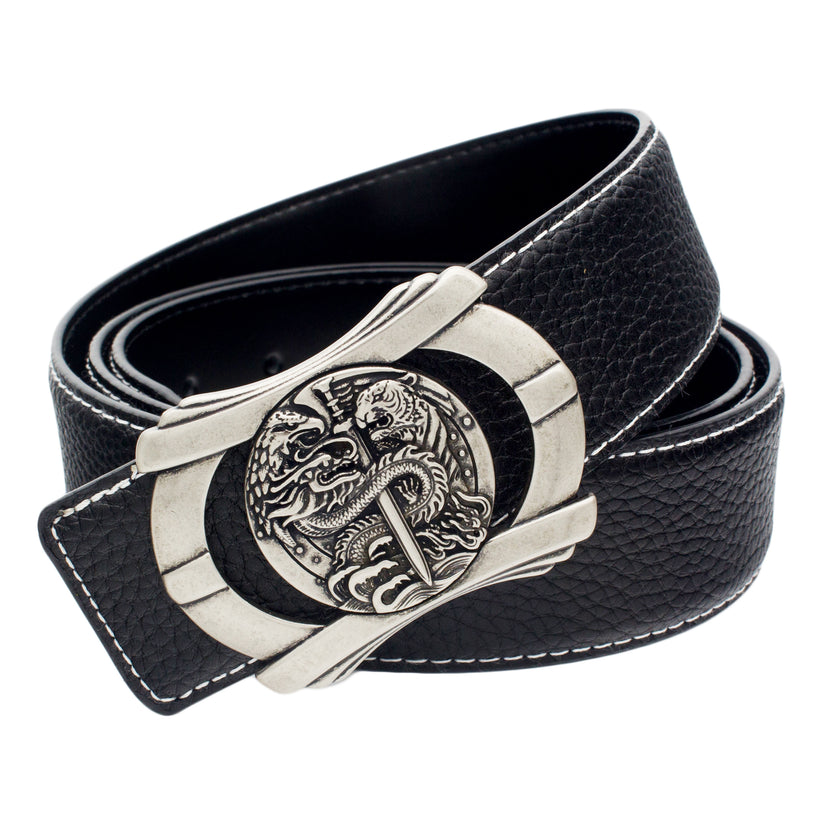 QHA Mens 38mm Designer Leather Belt, Sculpted Dragon Head Pin - QHA UK