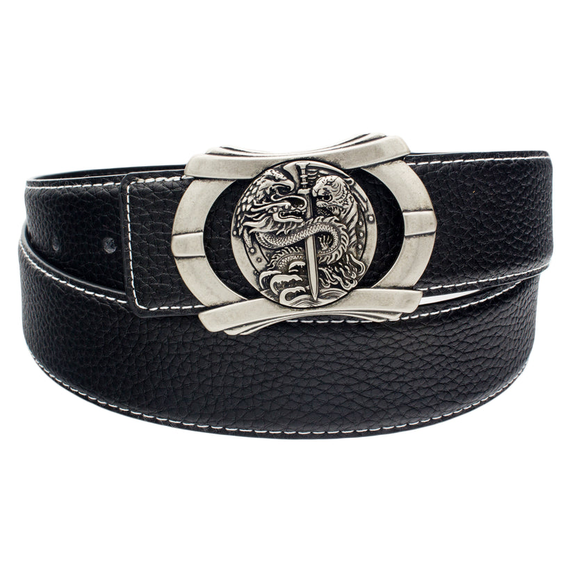QHA Mens 38mm Designer Leather Belt, Sculpted Dragon Head Pin - QHA UK