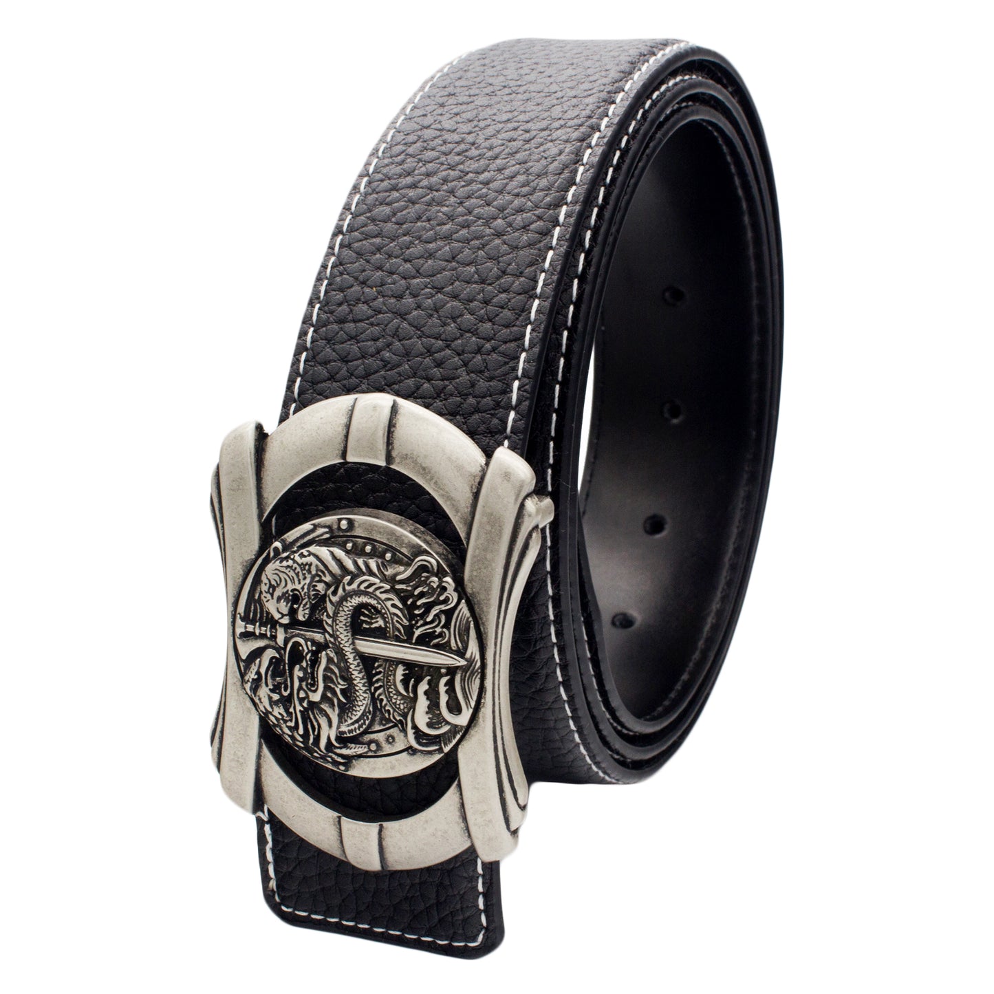 QHA Mens 38mm Designer Leather Belt, Sculpted Dragon Head Pin - QHA UK