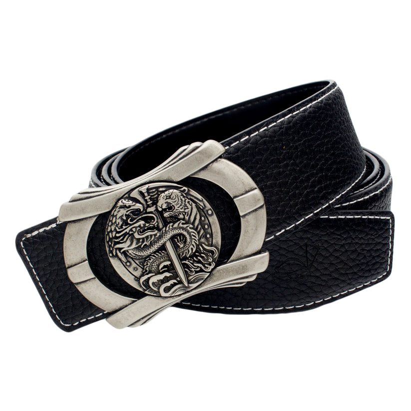 QHA Mens 38mm Designer Leather Belt, Sculpted Dragon Head Pin - QHA UK