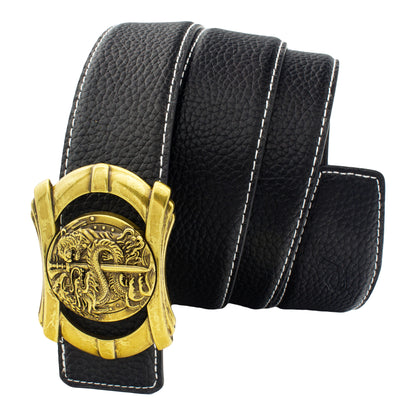 QHA Mens 38mm Designer Leather Belt, Sculpted Dragon Head Pin - QHA UK
