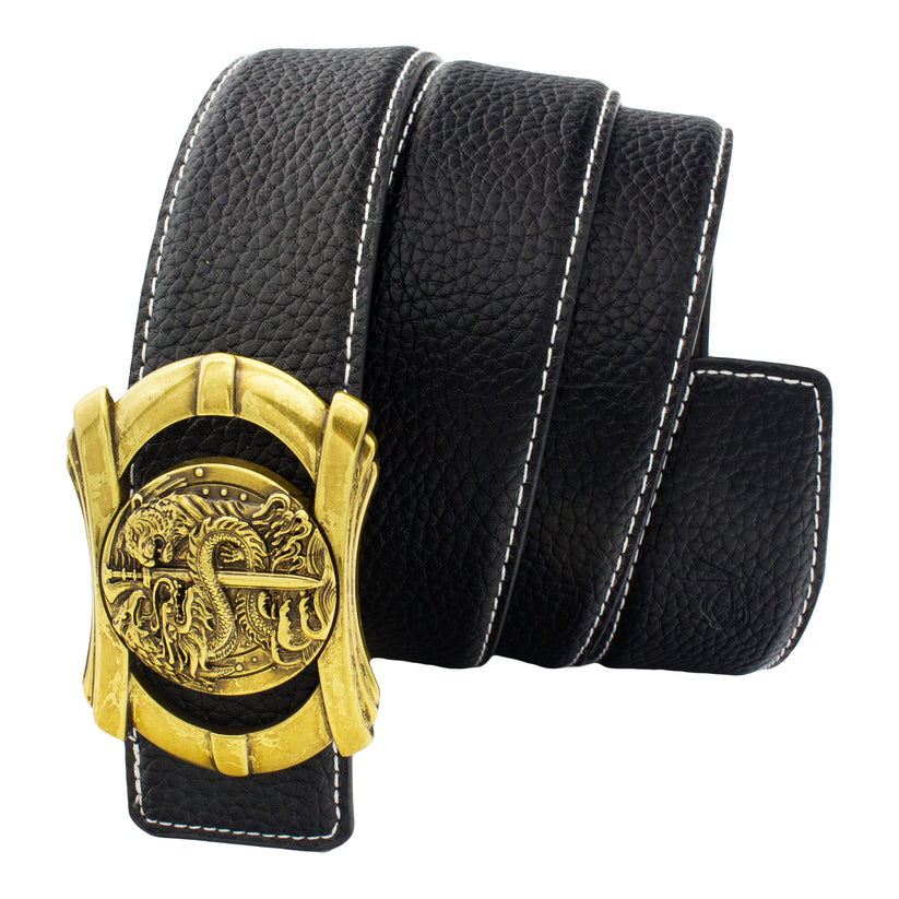 QHA Mens 38mm Designer Leather Belt, Sculpted Dragon Head Pin - QHA UK