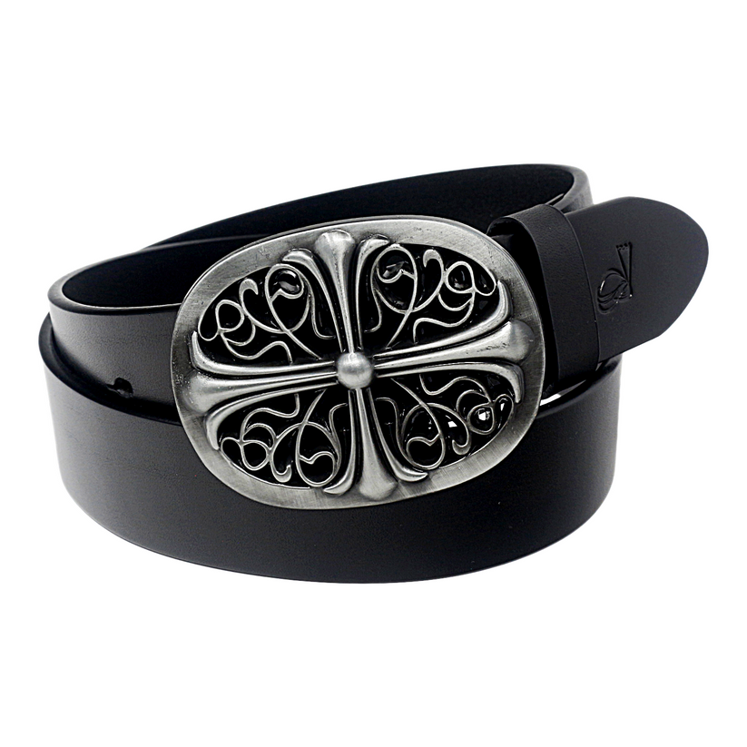 Mens Full Grain Leather Belt 38mm Black Antique Buckle Casual - QHA UK