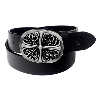 Mens Full Grain Leather Belt 38mm Black Antique Buckle Casual - QHA UK