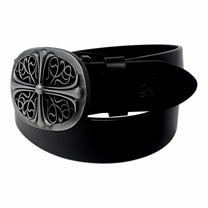 Mens Full Grain Leather Belt 38mm Black Antique Buckle Casual - QHA UK