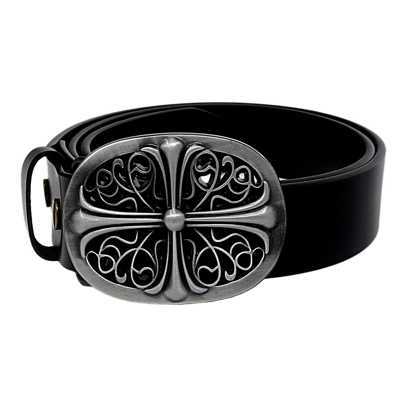 Mens Full Grain Leather Belt 38mm Black Antique Buckle Casual - QHA UK