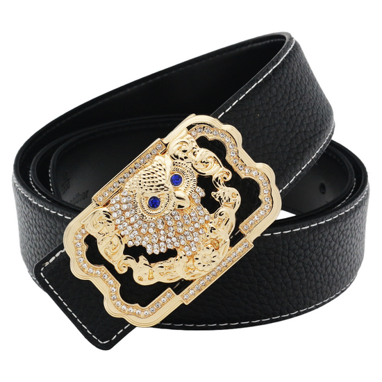 QHA Womens 38mm Leather Belt, Crystal Owl Buckle with Blue Eyes - QHA UK