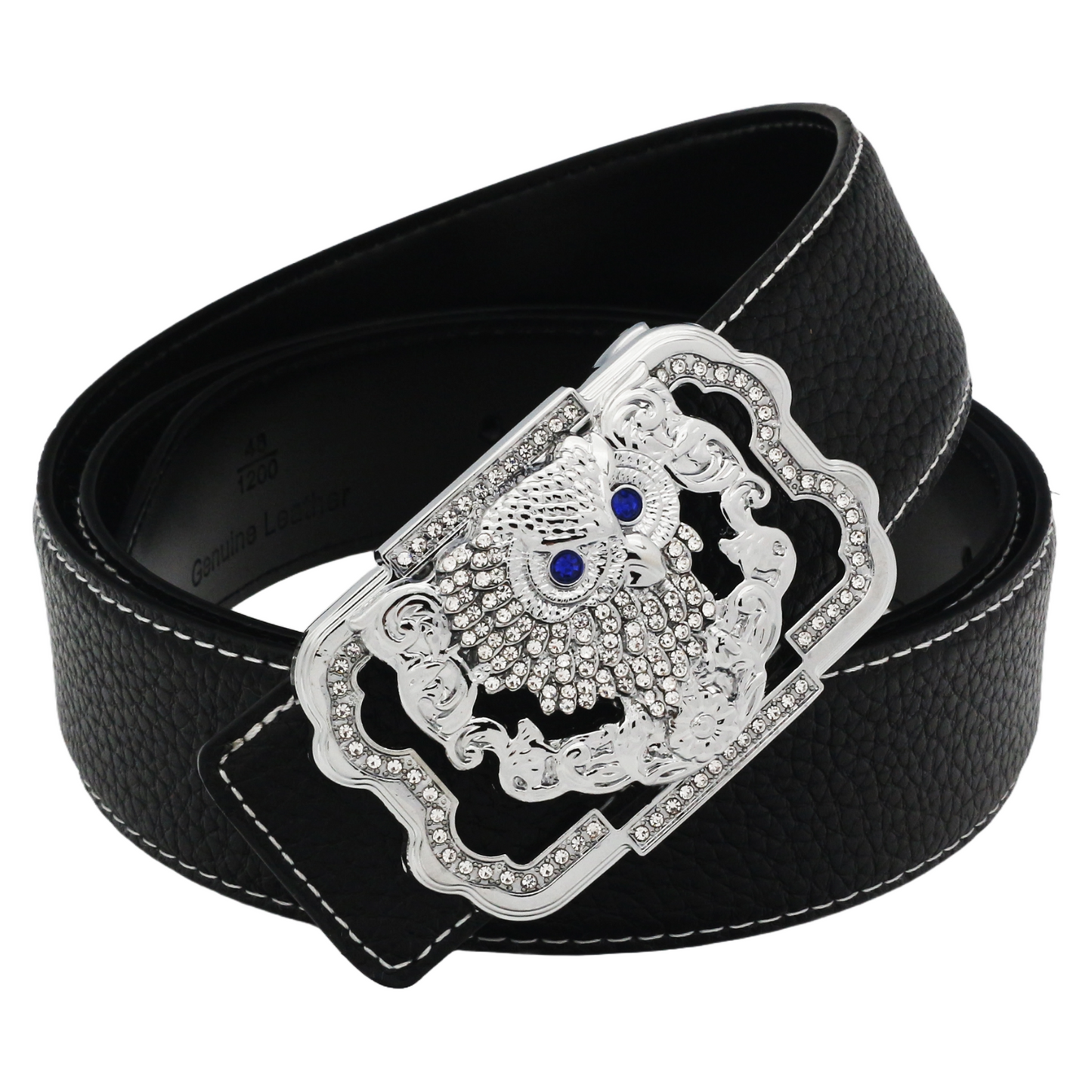 QHA Womens 38mm Leather Belt, Crystal Owl Buckle with Blue Eyes - QHA UK