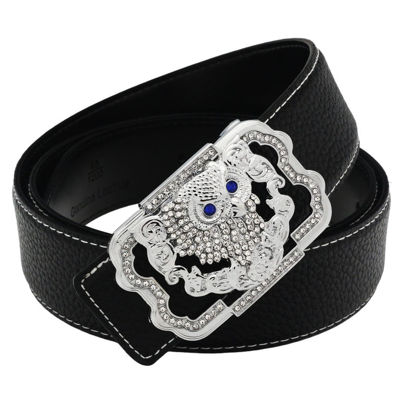 QHA Womens 38mm Leather Belt, Crystal Owl Buckle with Blue Eyes - QHA UK