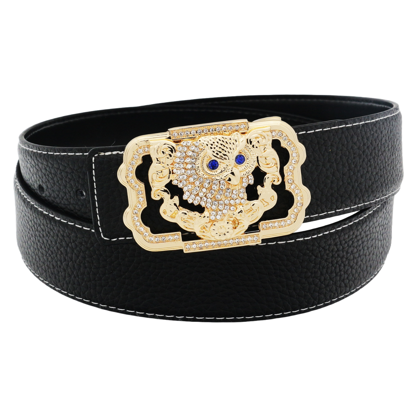 QHA Womens 38mm Leather Belt, Crystal Owl Buckle with Blue Eyes - QHA UK