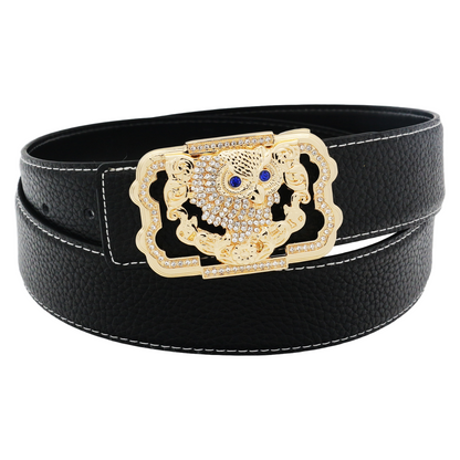 QHA Womens 38mm Leather Belt, Crystal Owl Buckle with Blue Eyes - QHA UK