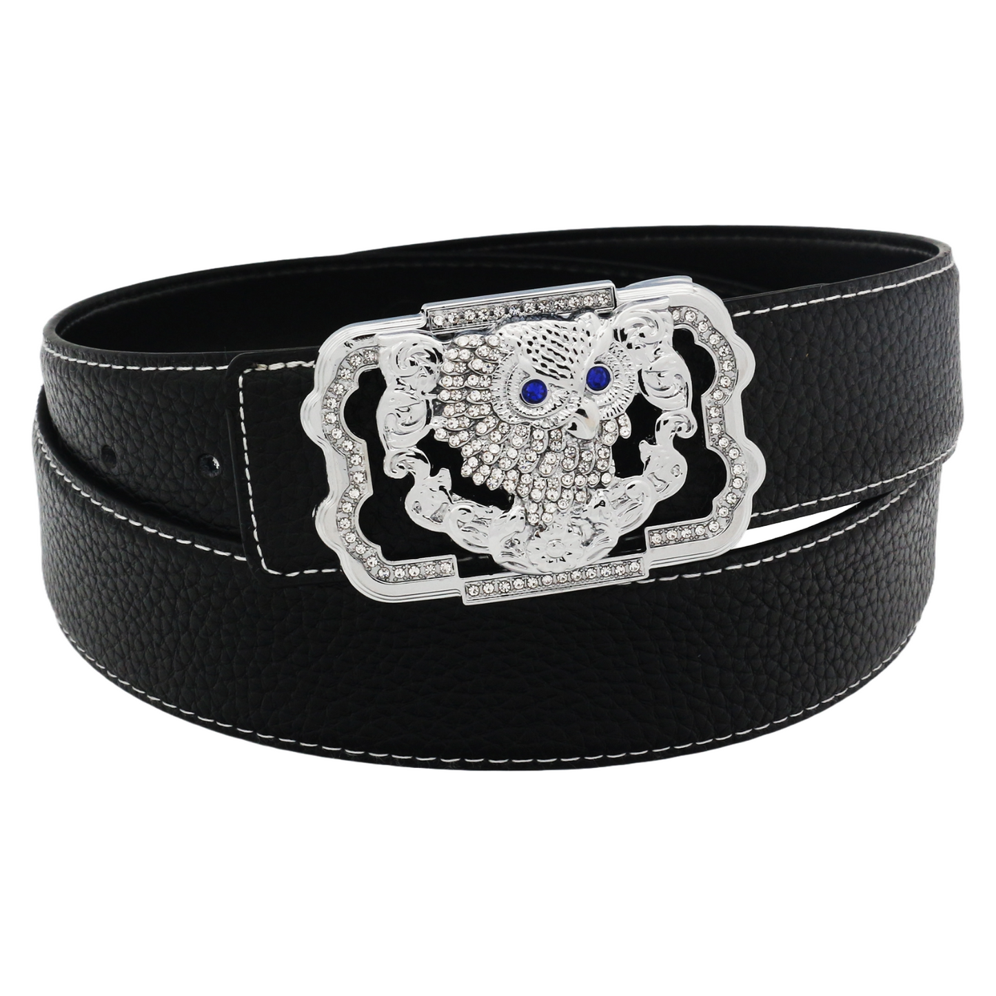 QHA Womens 38mm Leather Belt, Crystal Owl Buckle with Blue Eyes - QHA UK