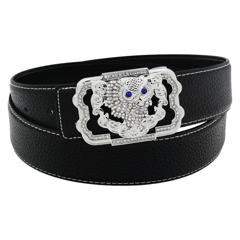 QHA Womens 38mm Leather Belt, Crystal Owl Buckle with Blue Eyes - QHA UK