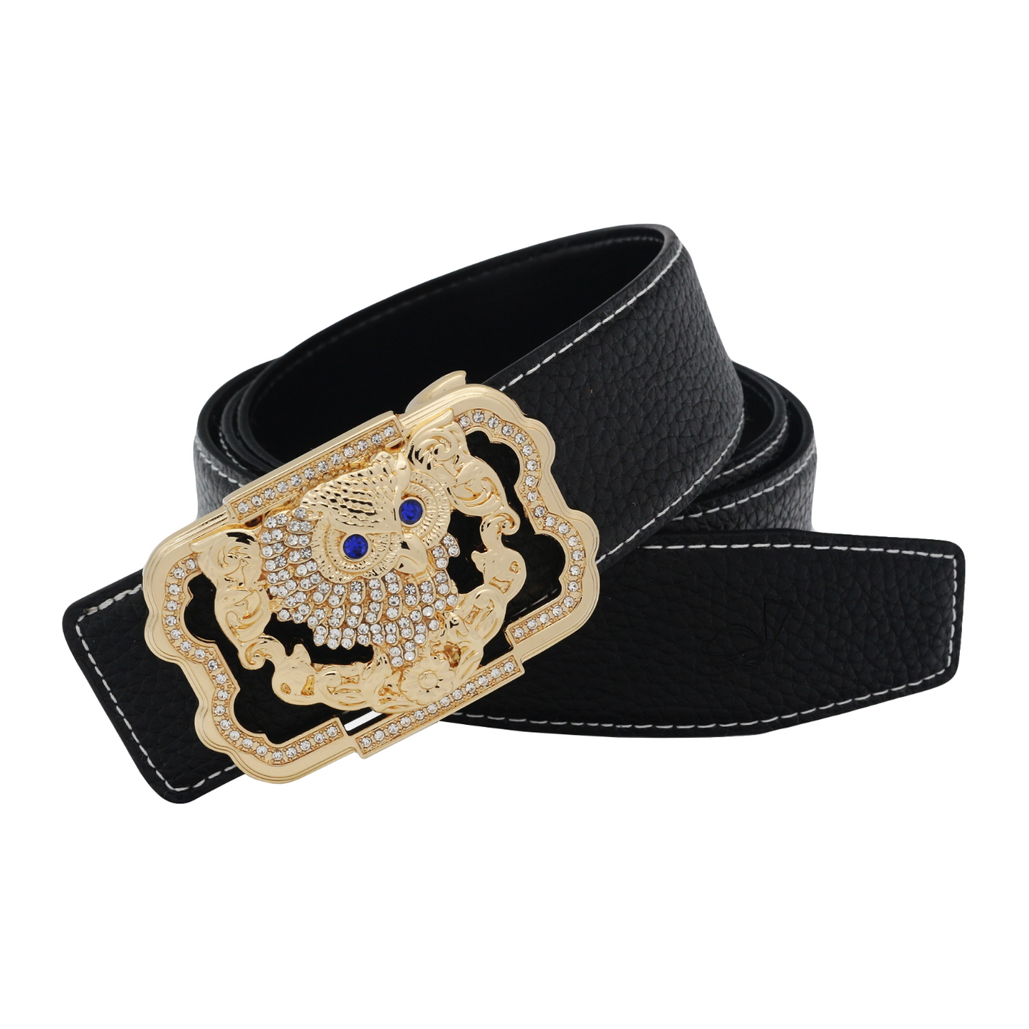 QHA Womens 38mm Leather Belt, Crystal Owl Buckle with Blue Eyes - QHA UK