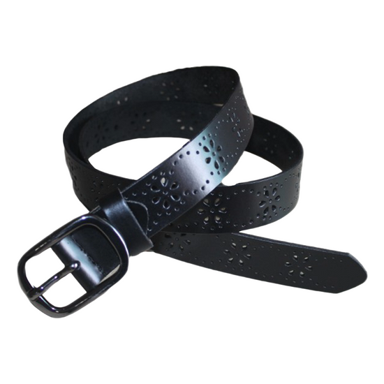 QHA Womens 28mm Real Leather Belt, Floral Cut-Out Design & Pin - QHA UK