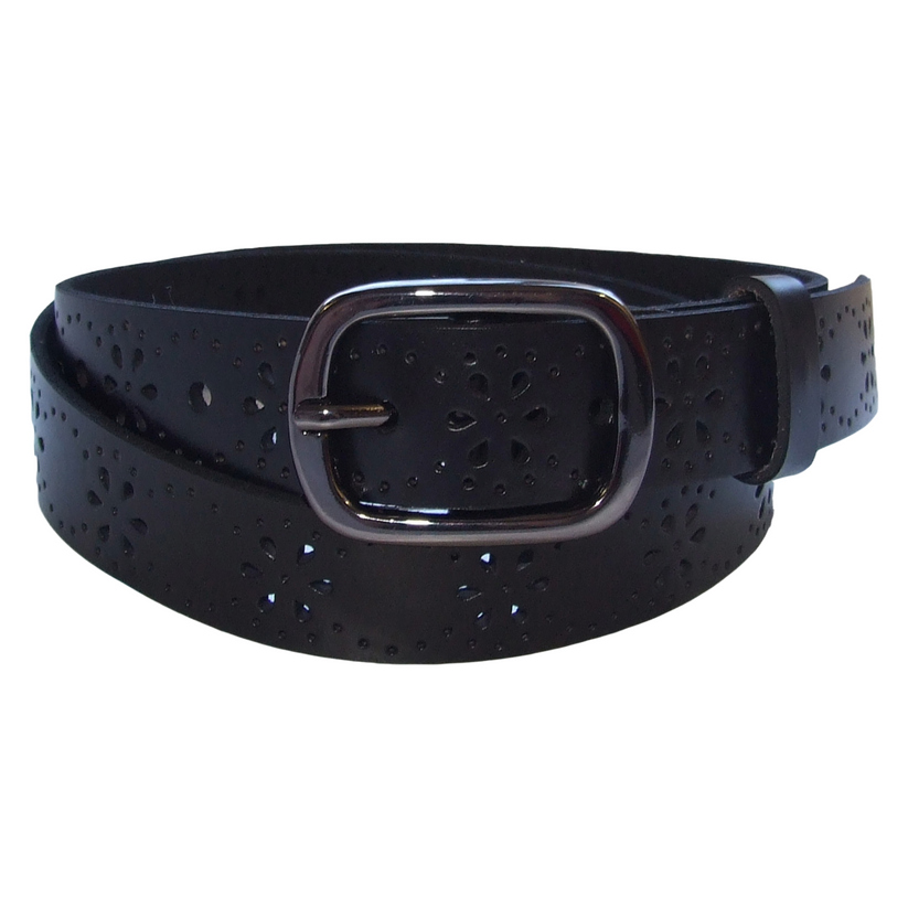 QHA Womens 28mm Real Leather Belt, Floral Cut-Out Design & Pin - QHA UK