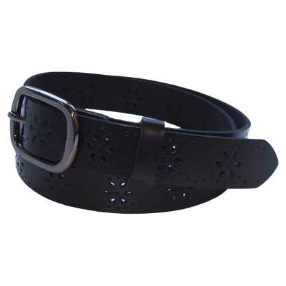 QHA Womens 28mm Real Leather Belt, Floral Cut-Out Design & Pin - QHA UK