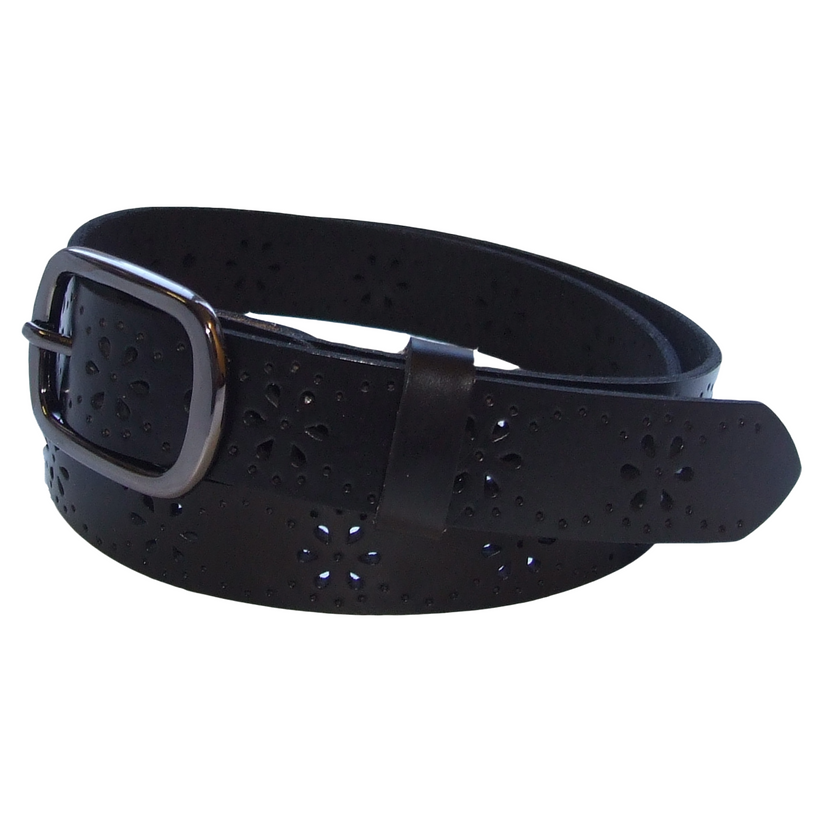 QHA Womens 28mm Real Leather Belt, Floral Cut-Out Design & Pin - QHA UK