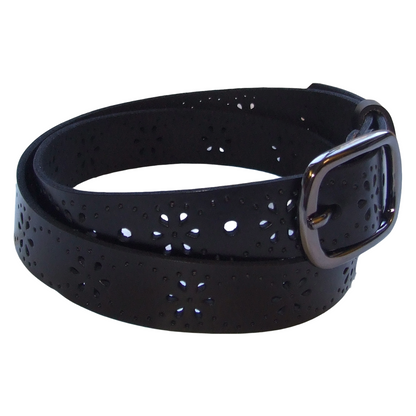 QHA Womens 28mm Real Leather Belt, Floral Cut-Out Design & Pin - QHA UK