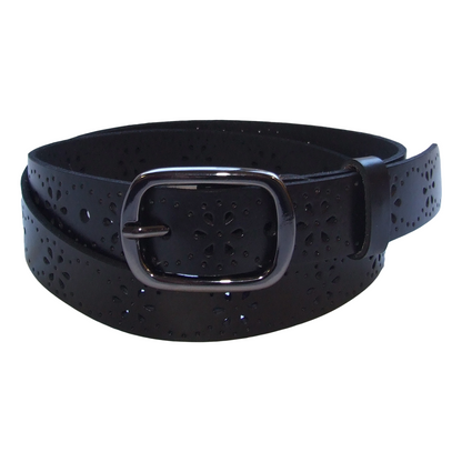 QHA Womens 28mm Real Leather Belt, Floral Cut-Out Design & Pin - QHA UK