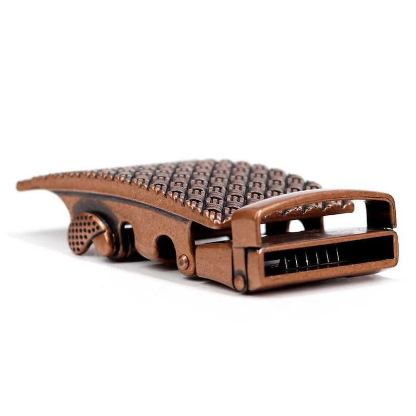 QHA Mens Automatic Belt Buckle, Antique Gold Rectangle - Buckle Detail - QHA UK