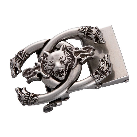 QHA Mens Automatic Sliding Belt Buckle Antique Silver Wolf Design - QHA UK