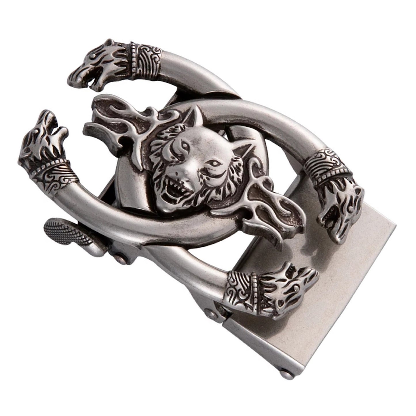 QHA Mens Automatic Sliding Belt Buckle Antique Silver Wolf Design - QHA UK
