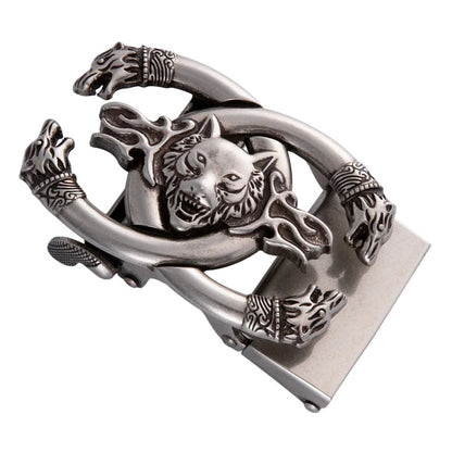 QHA Mens Automatic Sliding Belt Buckle Antique Silver Wolf Design - QHA UK