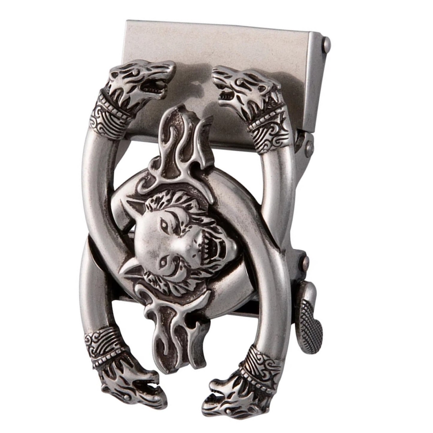 QHA Mens Automatic Sliding Belt Buckle Antique Silver Wolf Design - QHA UK
