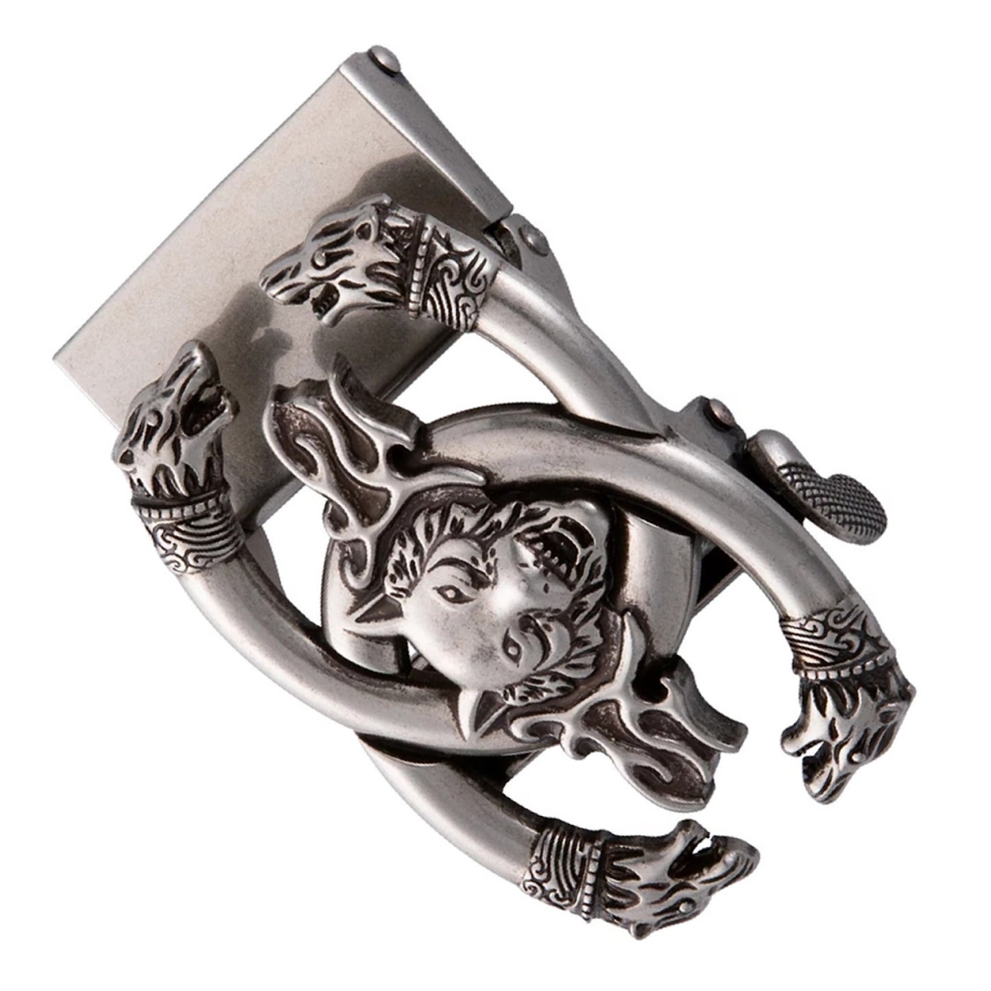 QHA Mens Automatic Sliding Belt Buckle Antique Silver Wolf Design - QHA UK
