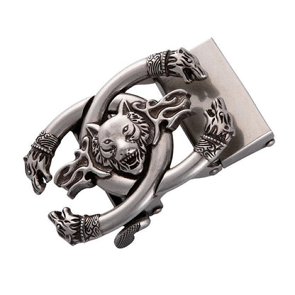 QHA Mens Automatic Sliding Belt Buckle Antique Silver Wolf Design - QHA UK