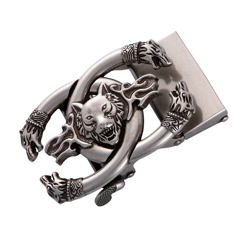 QHA Mens Automatic Sliding Belt Buckle Antique Silver Wolf Design - QHA UK