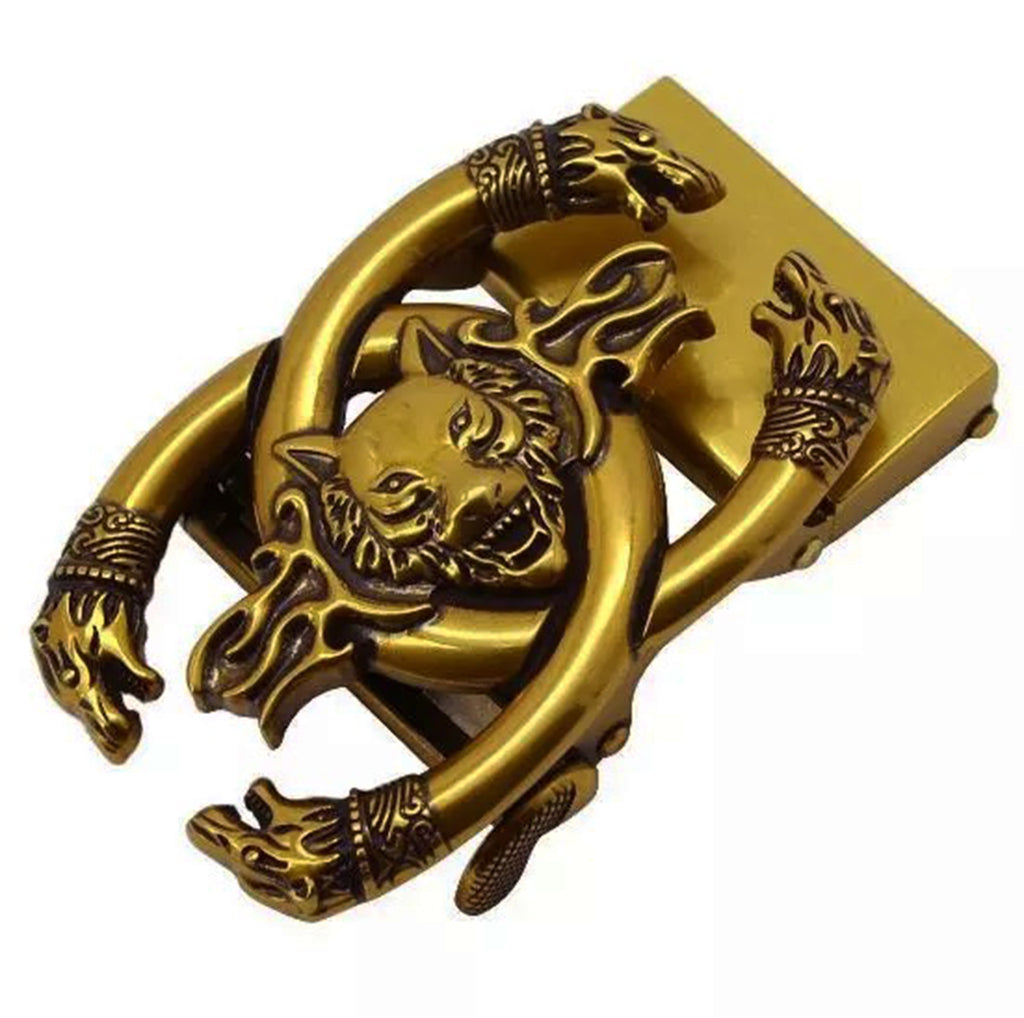 QHA Mens Automatic Sliding Belt Buckle Antique Gold Wolf Design - QHA UK