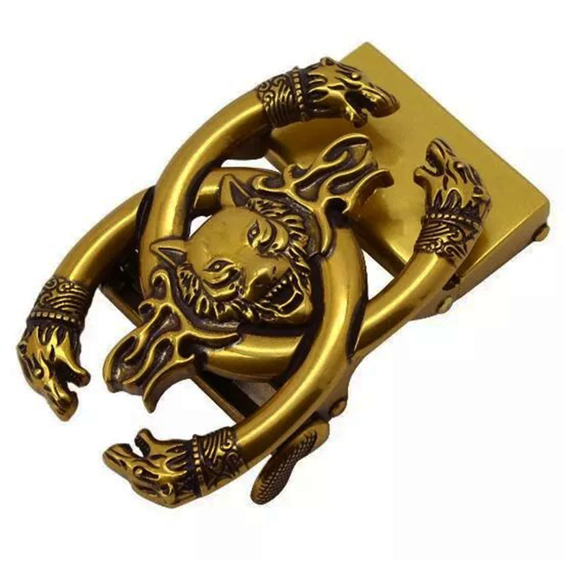 QHA Mens Automatic Sliding Belt Buckle Antique Gold Wolf Design - QHA UK