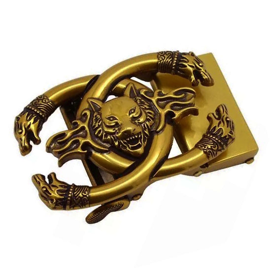QHA Mens Automatic Sliding Belt Buckle Antique Gold Wolf Design - QHA UK