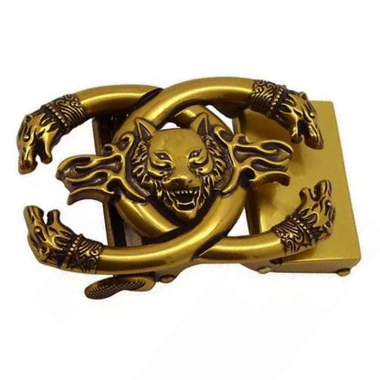 QHA Mens Automatic Sliding Belt Buckle Antique Gold Wolf Design - QHA UK