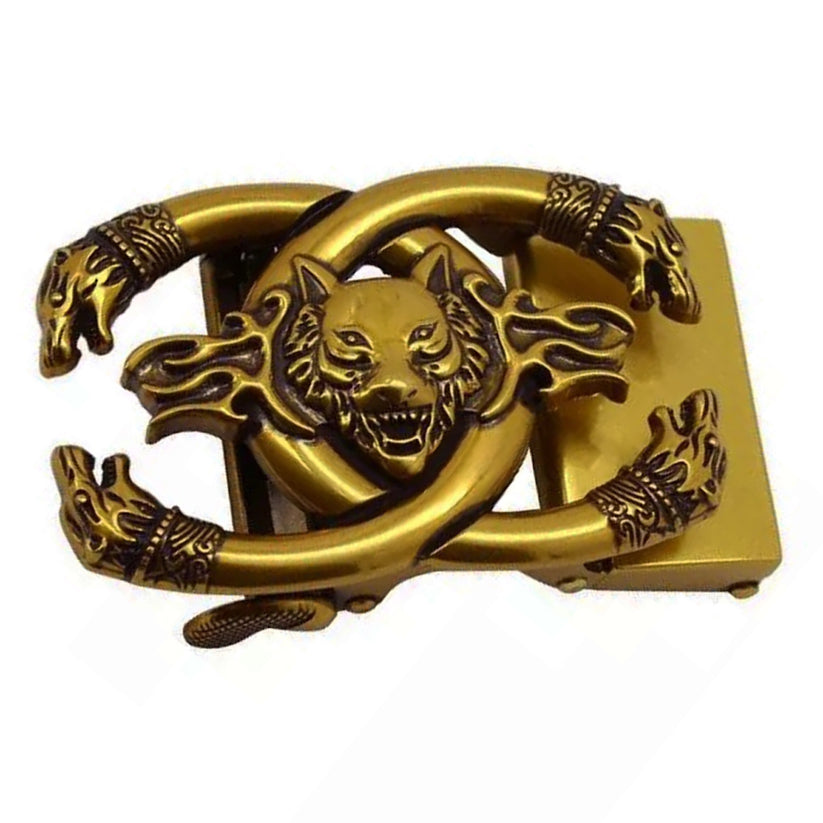 QHA Mens Automatic Sliding Belt Buckle Antique Gold Wolf Design - QHA UK