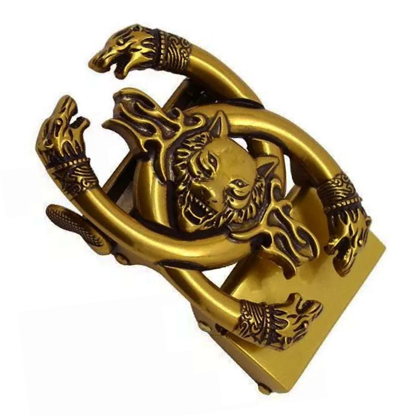 QHA Mens Automatic Sliding Belt Buckle Antique Gold Wolf Design - QHA UK
