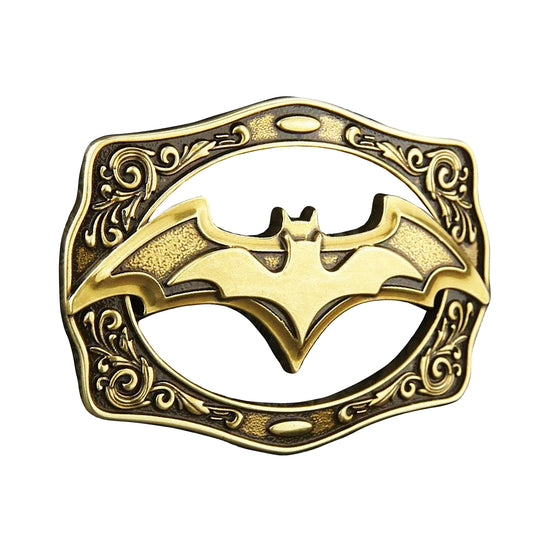 QHA Antique Brass Bat Symbol Belt Buckle with Ornate Scroll Frame - QHA UK