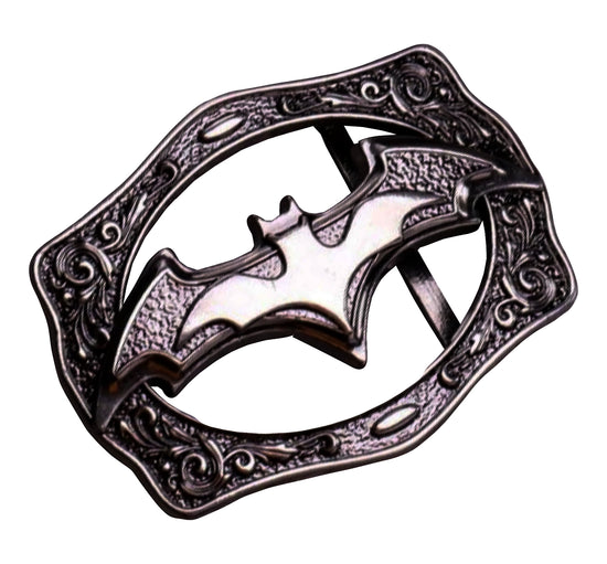 QHA Antique Silver Bat Symbol Belt Buckle with Ornate Scroll - QHA UK