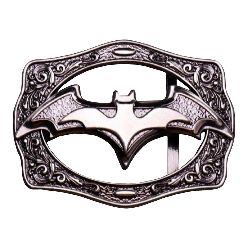 QHA Antique Silver Bat Symbol Belt Buckle with Ornate Scroll - QHA UK
