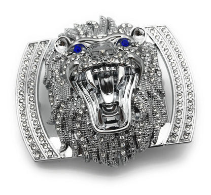 QHA Silver Lion Head Belt Buckle with Blue Eyes & Rhinestones - QHA UK