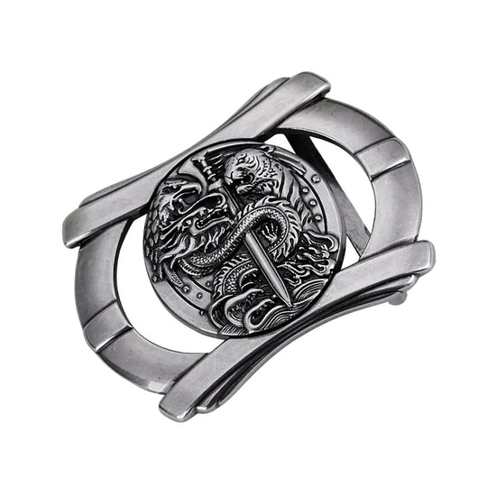 QHA Mens Antique Silver Dragon & Tiger Sword Belt Buckle, Fits - QHA UK