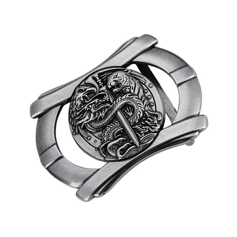 QHA Mens Antique Silver Dragon & Tiger Sword Belt Buckle, Fits - QHA UK