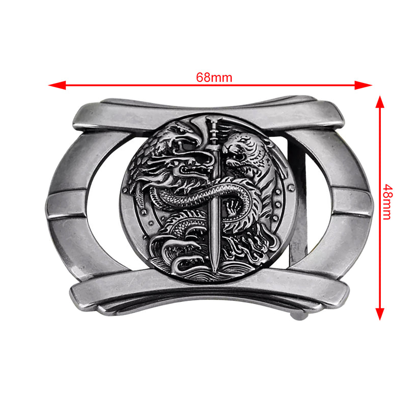 QHA Mens Antique Silver Dragon & Tiger Sword Belt Buckle, Fits - QHA UK