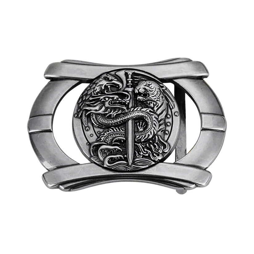 QHA Mens Antique Silver Dragon & Tiger Sword Belt Buckle, Fits - QHA UK