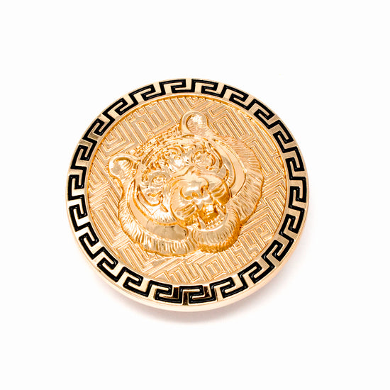 QHA Mens Gold Tiger Head Round Belt Buckle, Greek Key Border Fits - QHA UK