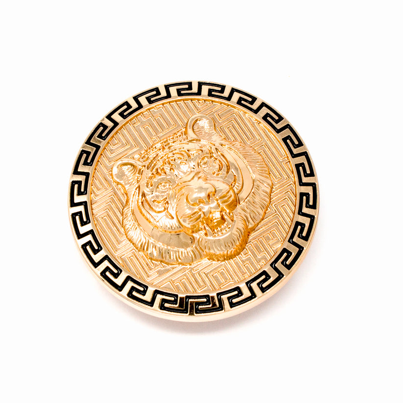 QHA Mens Gold Tiger Head Round Belt Buckle, Greek Key Border Fits - QHA UK