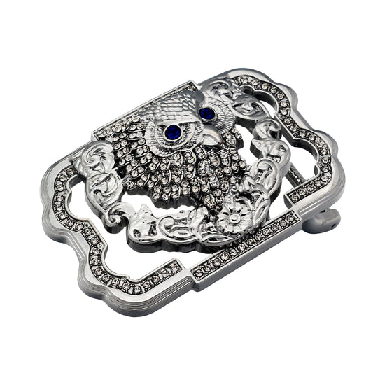 QHA Silver Owl Belt Buckle with Blue Eyes & Rhinestones Fits 38mm - QHA UK