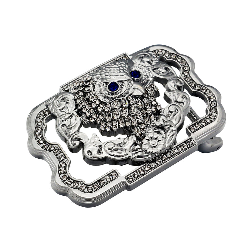 QHA Silver Owl Belt Buckle with Blue Eyes & Rhinestones Fits 38mm - QHA UK